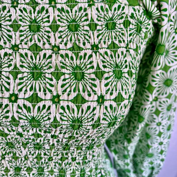 Elizabeth Wilson 100% Cotton Green White Smocked Ruched Floral Maxi Dress Small - Picture 4 of 9